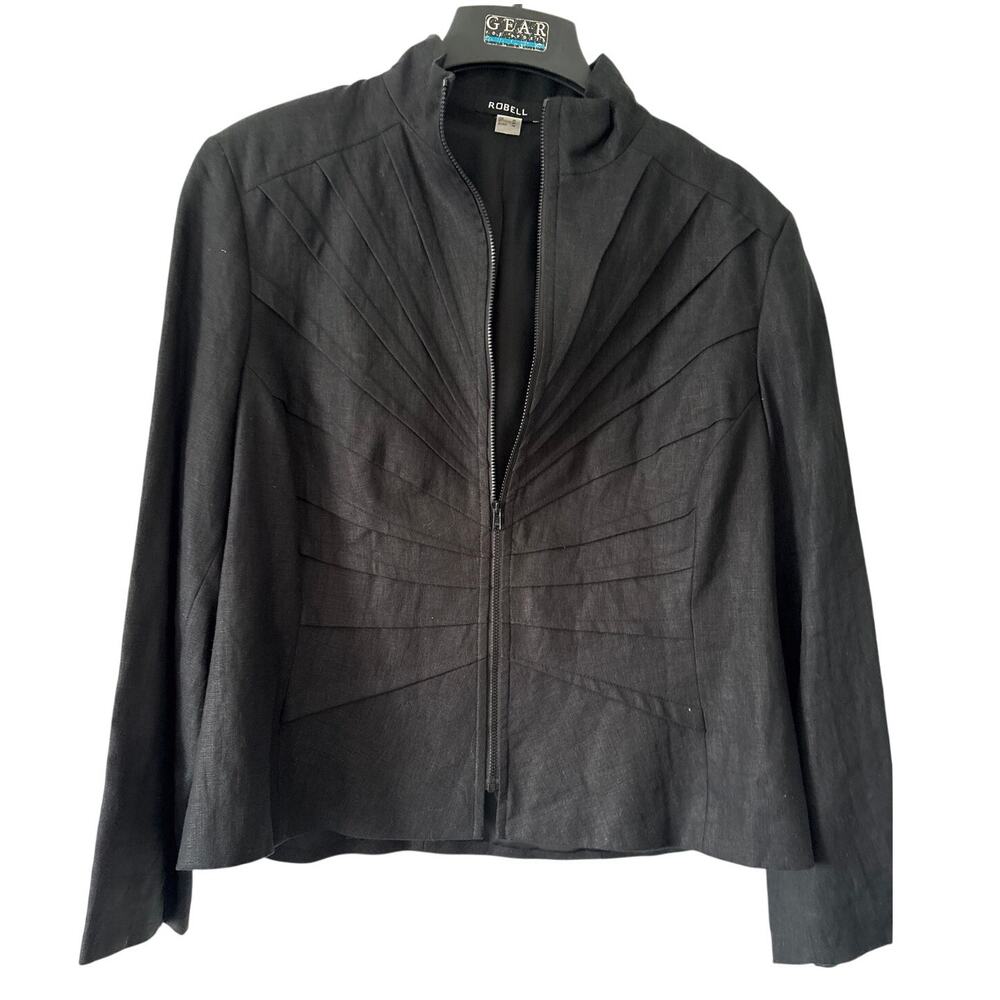 Robell 100% Linen Full Zip Sunburst Pin Tuck Pleating Jacket XL 46 Black